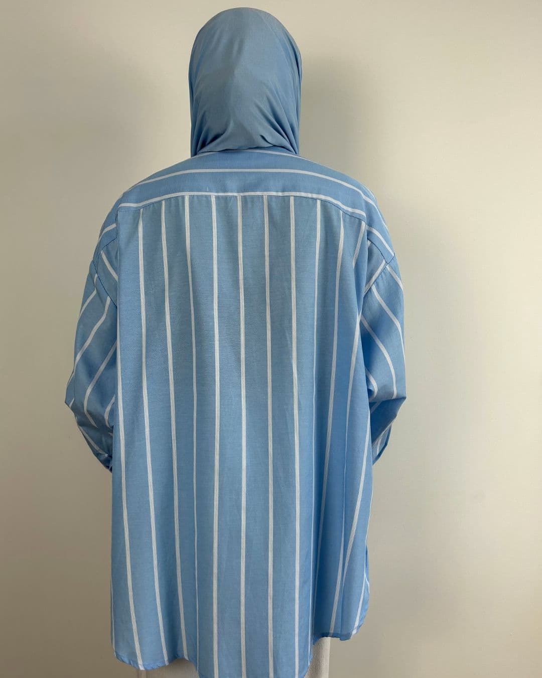 Chemise rayée bleu ciel en coton portée, vue de dos